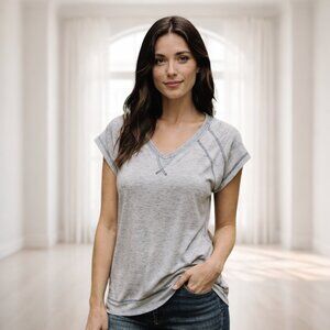 2 for $20 Greentea Heathered Gray Short Sleeve Top with Back Zipper Detail